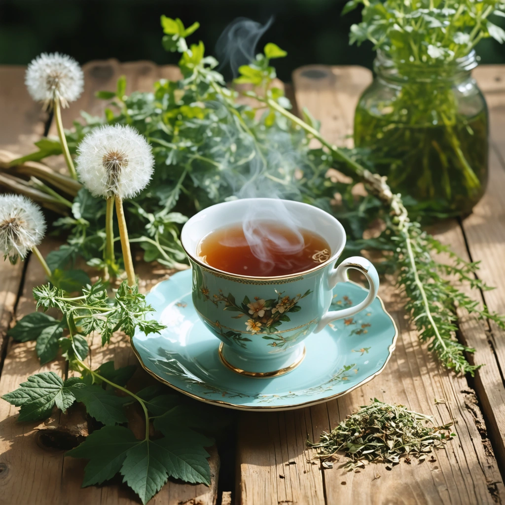 Un tasse fumante de tisane posée sur une table en bois rustique, entourée de plantes fraîches comme le pissenlit, les feuilles de bouleau et l'ortie, avec une ambiance lumineuse et réconfortante.