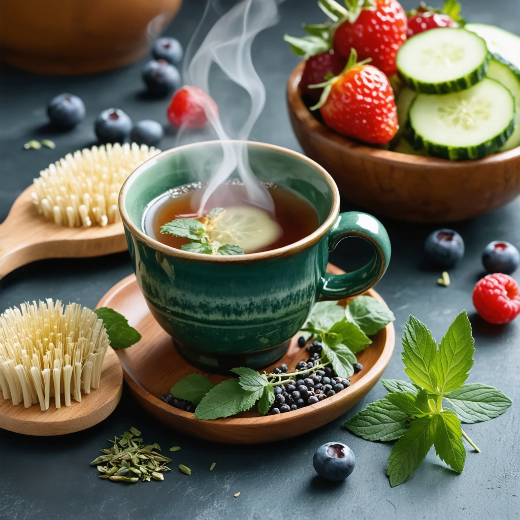 Table rustique avec une tasse de tisane, une brosse de massage en bois et des herbes fraîches.