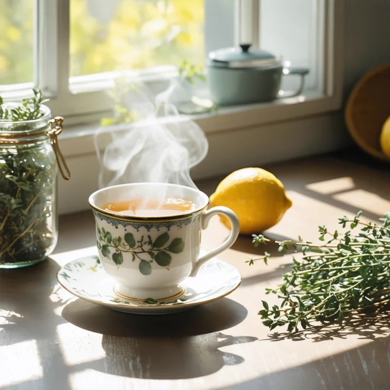 Infusion chaude au citron et thym sur une table avec un pot de miel et des feuilles d’eucalyptus