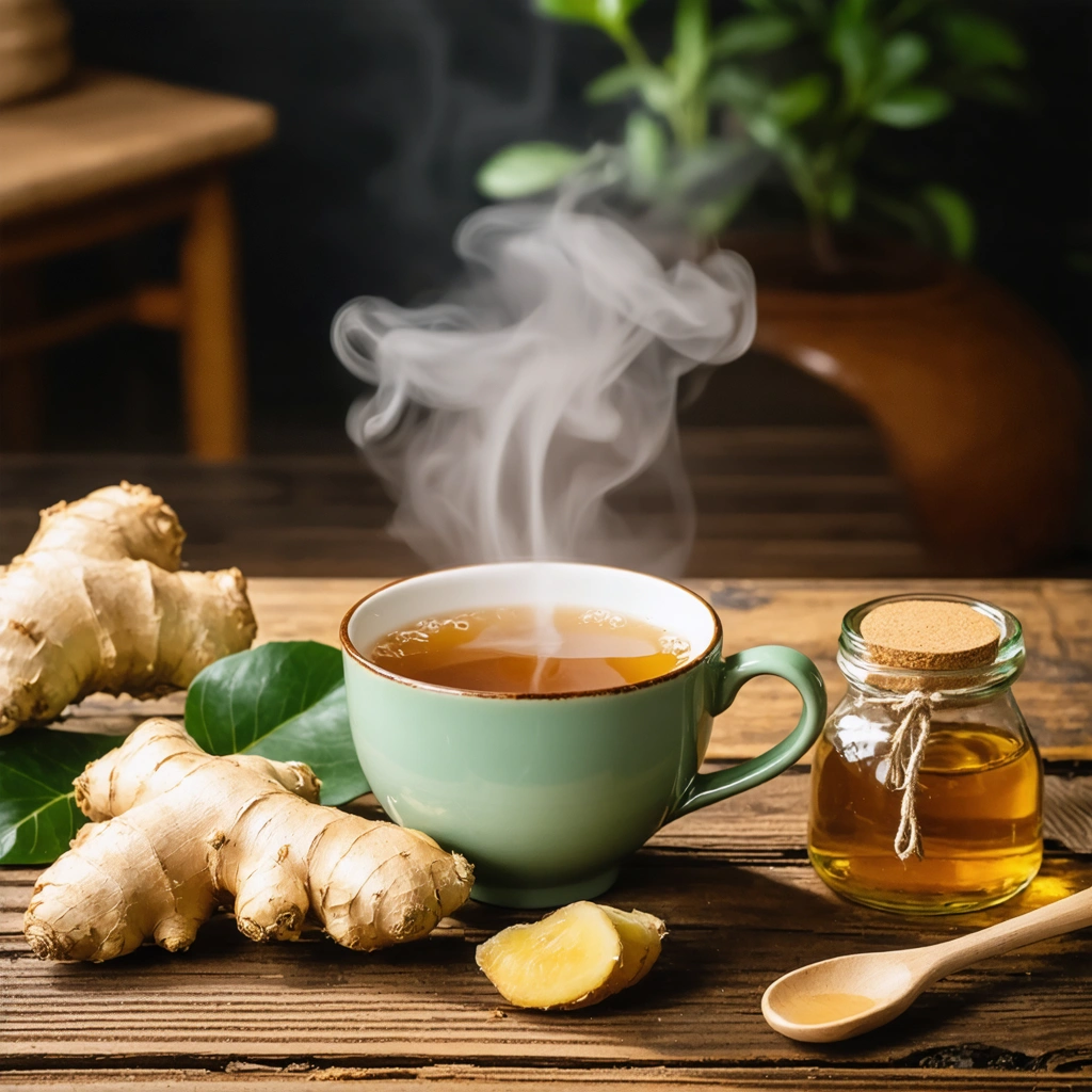 Une tasse de tisane de gingembre fumante avec un morceau de gingembre frais et un pot de miel sur une table en bois.