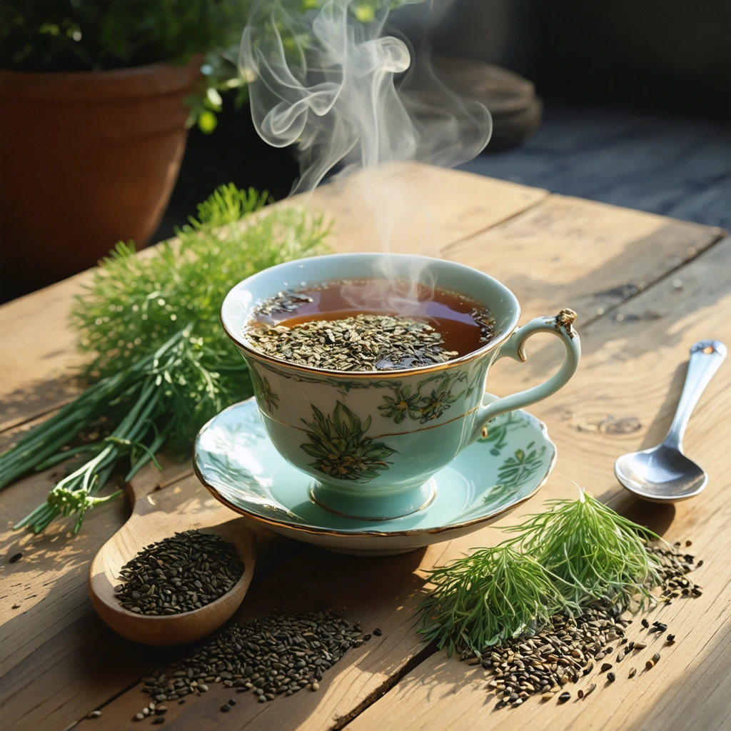 Une tasse de tisane de graines de fenouil fumante posée sur une table en bois rustique, entourée de graines de fenouil éparpillées, de feuilles de fenouil vertes et d'une petite cuillère, avec une lumière naturelle douce et apaisante.