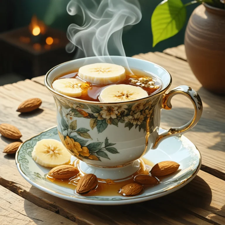 Une tasse de tisane chaude accompagnée de miel, banane et amandes pour apaiser les brûlures de l'œsophage naturellement.