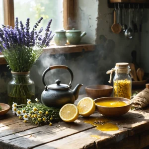 Une tisane chaude avec du citron et du miel sur une table en bois, entourée de fleurs de camomille et de lavande.