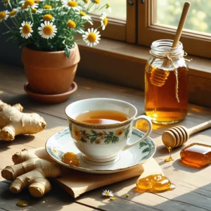 Une tasse de tisane à la camomille avec un pot de miel et du gingembre sur une table en bois.