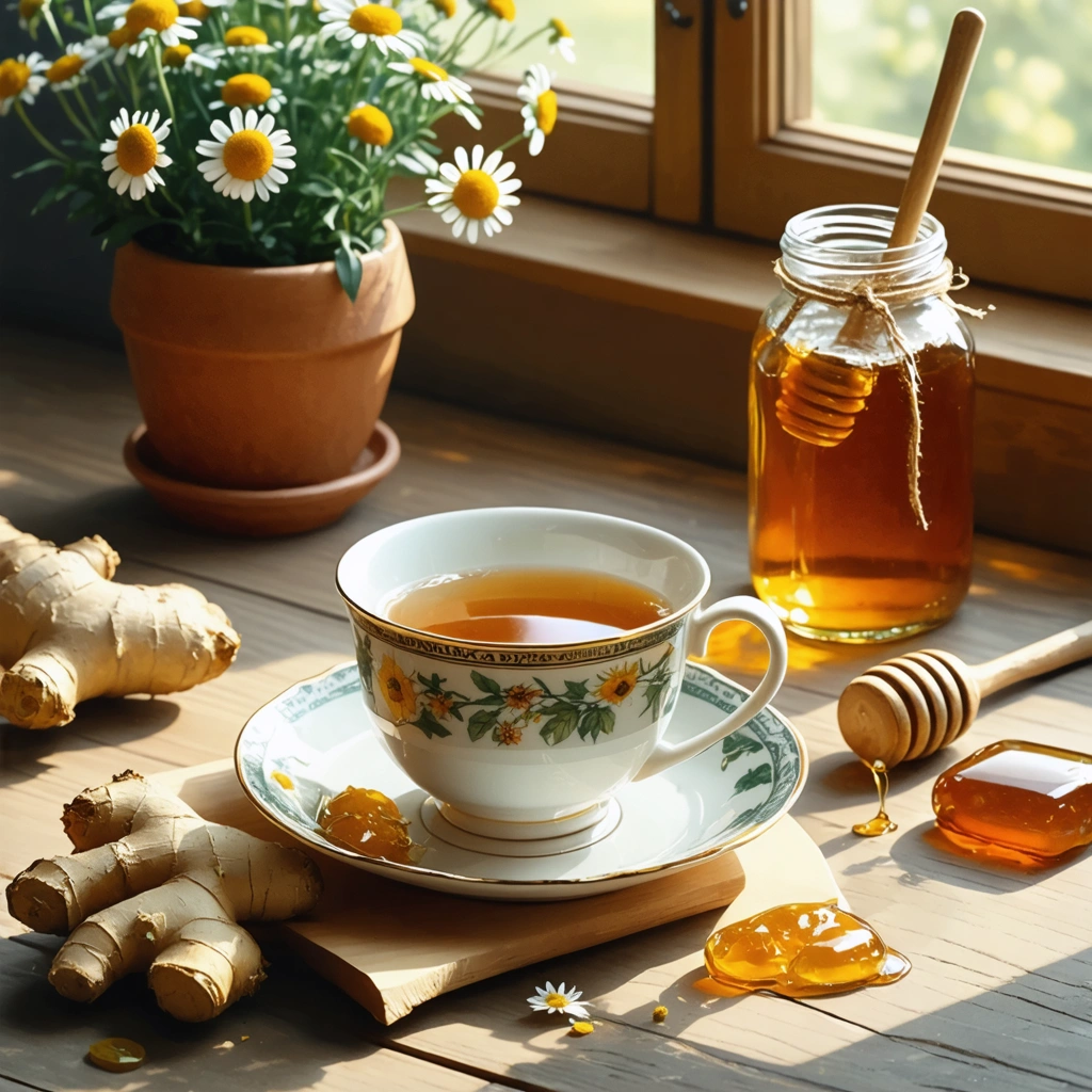 Une tasse de tisane à la camomille avec un pot de miel et du gingembre sur une table en bois.