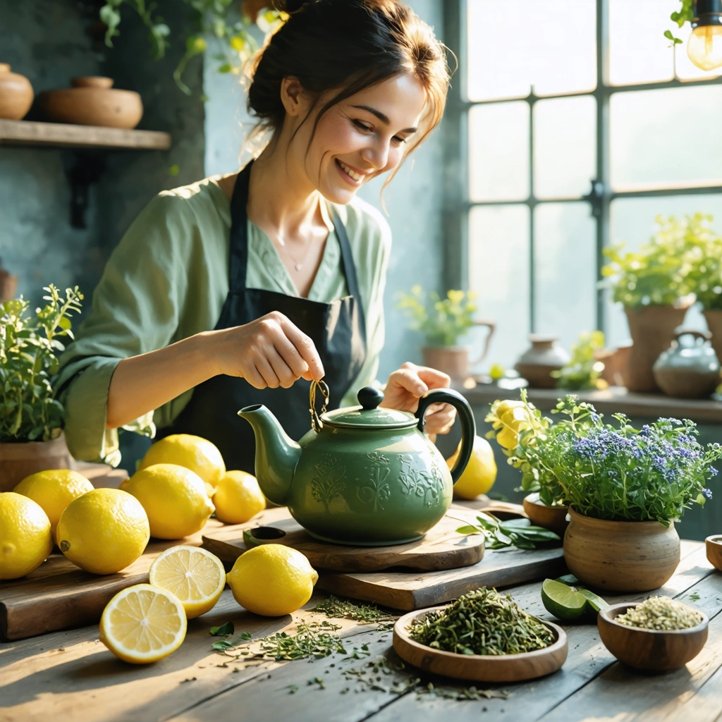 Mamie Colette versant de la tisane à base de citron et d'herbes pour soulager les problèmes urinaires.