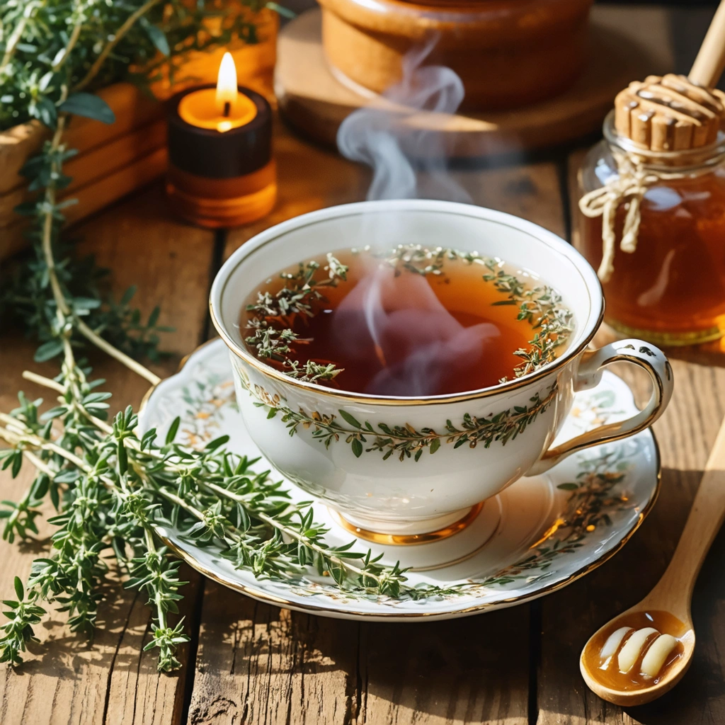 Une tasse de tisane au thym posée sur une table en bois, entourée de brins de thym frais, d'une jarre de miel et d'une petite cuillère, dans une ambiance chaleureuse et lumineuse.