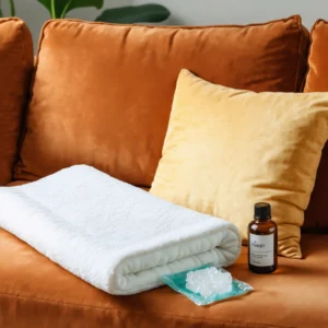 Une épaule traitée avec un coussin chauffant, une poche de glace et des huiles essentielles dans un cadre apaisant.