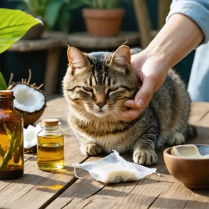 Un chat traité naturellement pour ses démangeaisons avec des remèdes maison comme l'huile de coco et le thé.