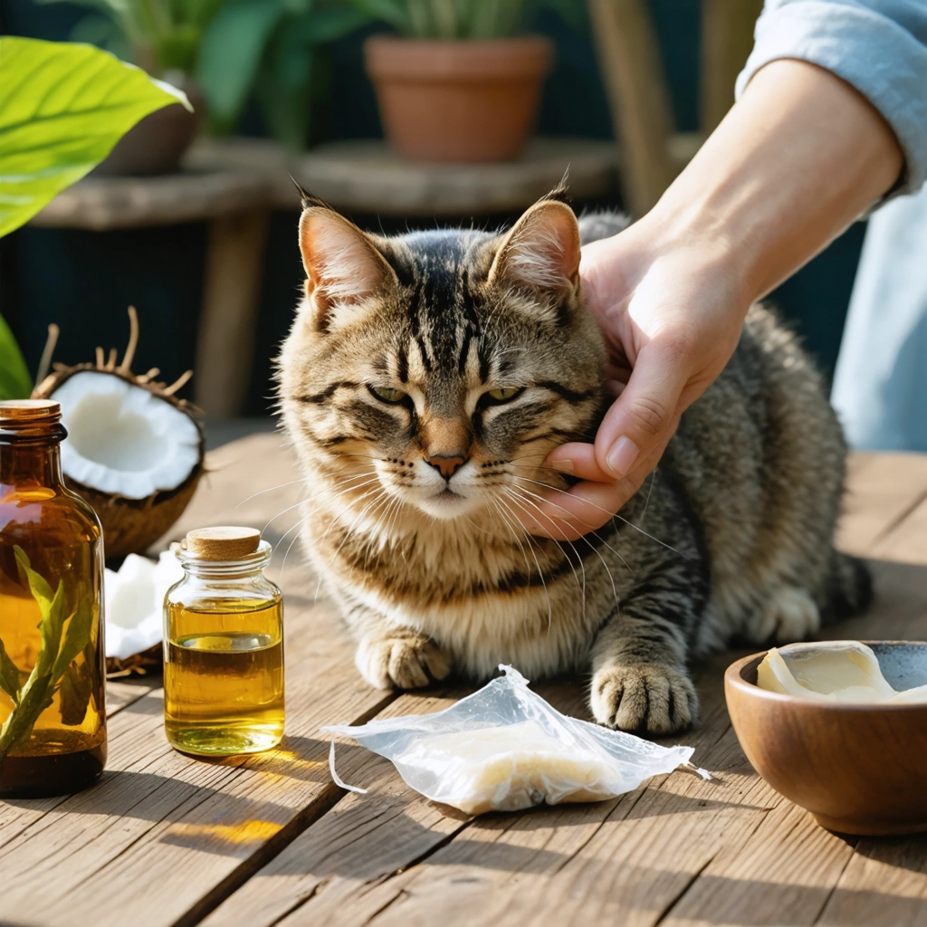Un chat traité naturellement pour ses démangeaisons avec des remèdes maison comme l'huile de coco et le thé.