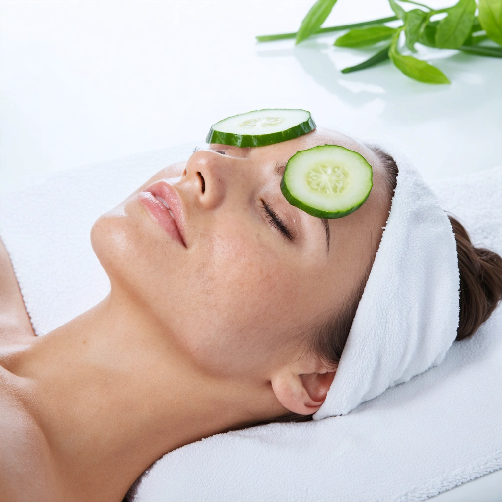 Personne détendue avec deux tranches de concombre frais sur les yeux dans une ambiance apaisante, évoquant le soin et la fraîcheur.