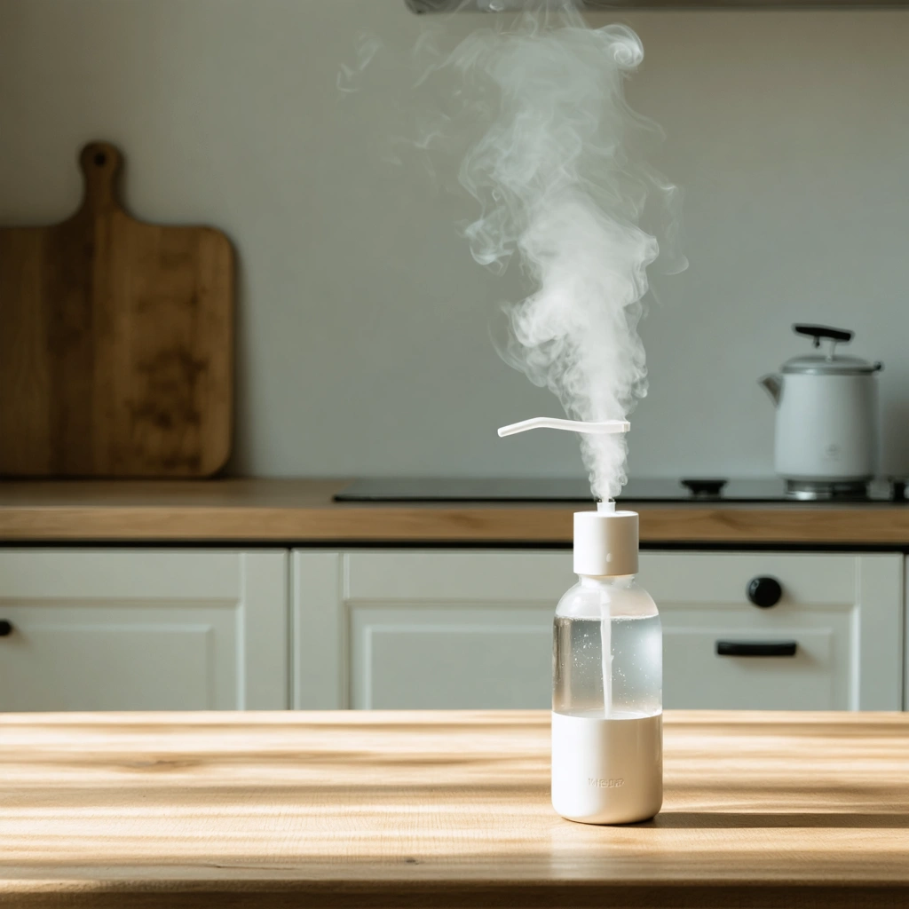 Un vaporisateur rempli d'eau tiède posé sur une table en bois dans une cuisine lumineuse et minimaliste.