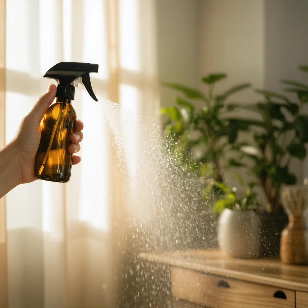 Une main tenant un vaporisateur diffusant une fine brume d'eau, avec des gouttelettes scintillantes dans l'air. En arrière-plan, des plantes vertes et des mèches de cheveux légères captant la brume, le tout dans une ambiance douce et chaleureuse.