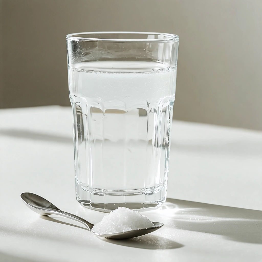Un verre d'eau tiède avec une cuillère contenant du sel à côté, posé sur une surface claire, représentant un remède maison naturel.