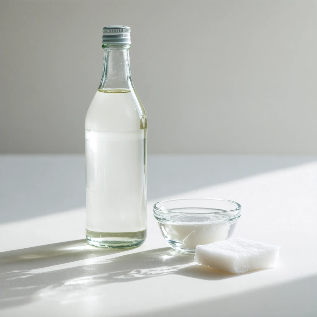 Une bouteille de vinaigre blanc à côté d'un bol d'eau diluée avec un coton prêt à l'emploi, sur un fond neutre et apaisant.