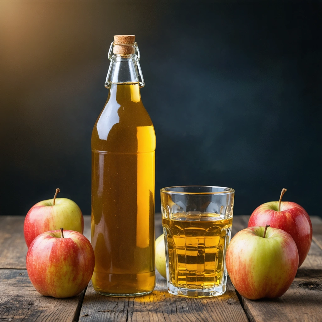Une bouteille en verre d'un vinaigre de cidre ambré, posée sur une table en bois avec des pommes fraîches et un petit verre d'eau vinaigrée, éclairage naturel et chaleureux.