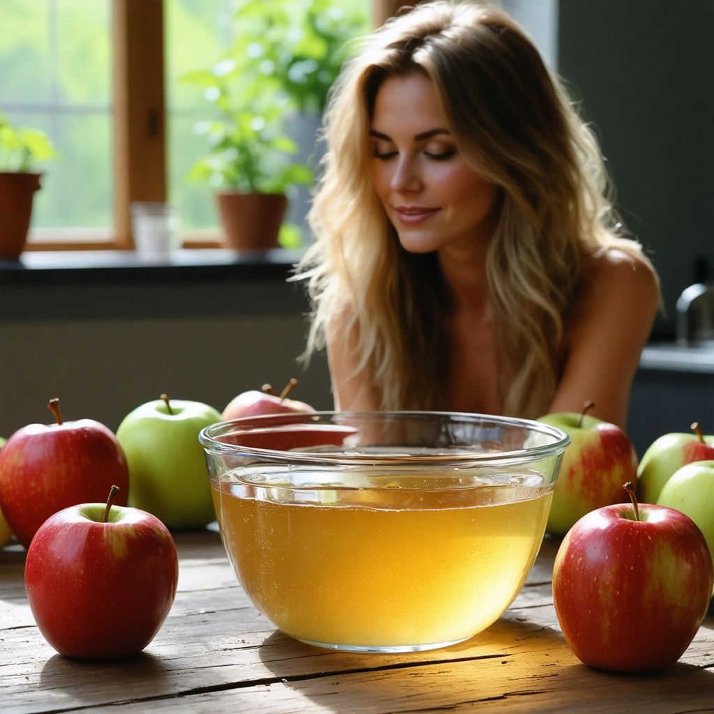 Un bol transparent contenant un mélange de vinaigre de cidre et d'eau, entouré de pommes rouges et vertes sur une table en bois, avec en arrière-plan une femme aux cheveux brillants et sains.