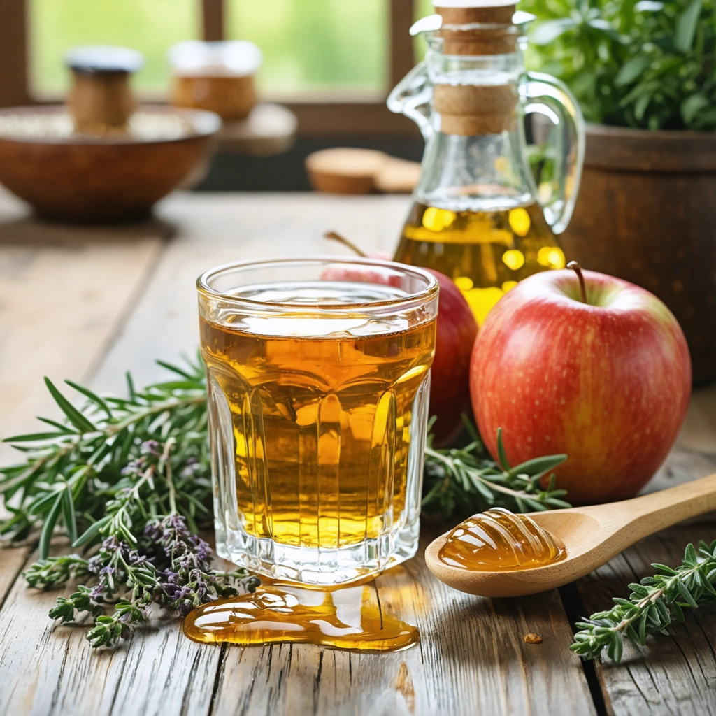 Un verre de vinaigre de cidre posé à côté d'une cuillère en bois de miel, avec des herbes comme le thym et le romarin éparpillées sur une table en bois dans une cuisine rustique.