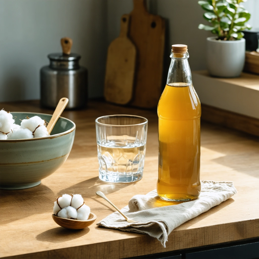Une bouteille de vinaigre de cidre posée sur un comptoir en bois, entourée d'un bol, d'un verre d'eau, d'un chiffon doux et d'un coton-tige, suggérant une utilisation en soin de la peau.