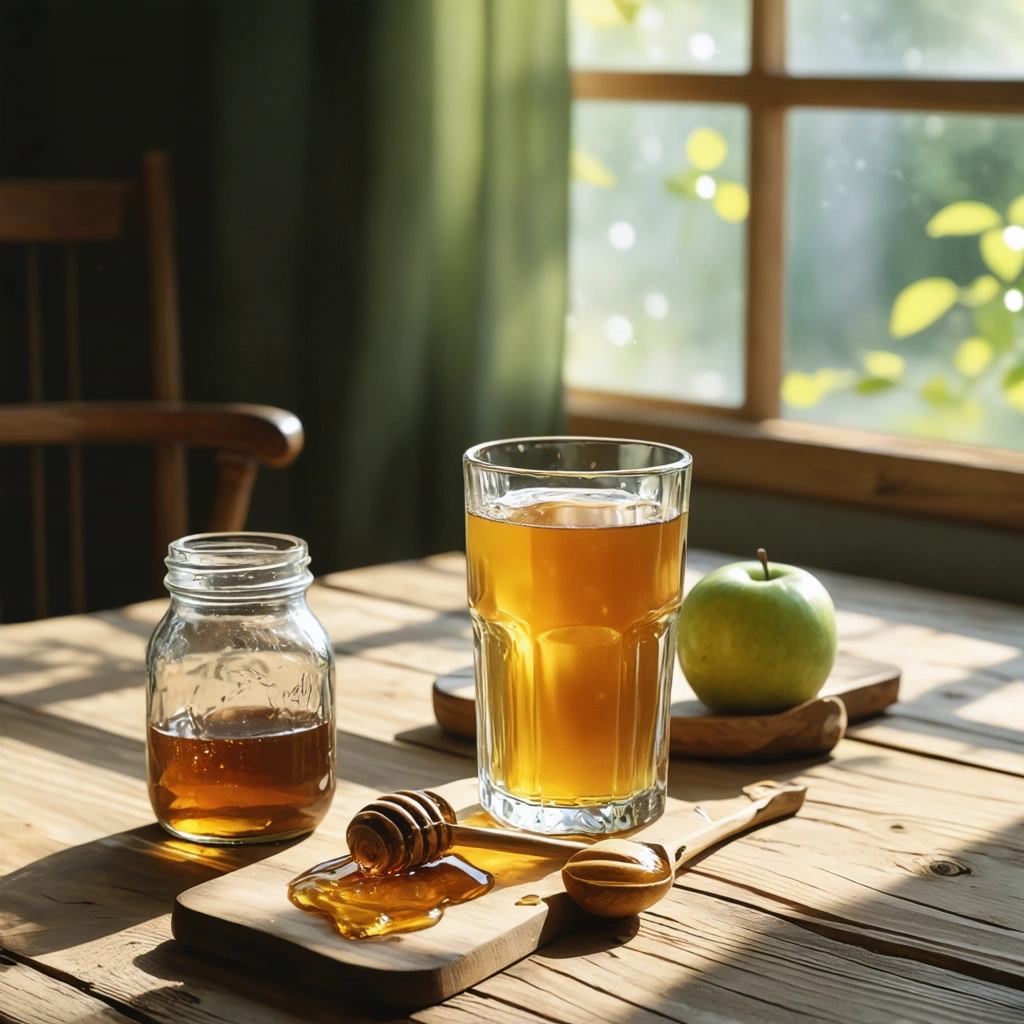 Un verre d'eau tiède avec du vinaigre de cidre, accompagné d'un pot de miel et d'une cuillère sur une table en bois, dans une ambiance chaleureuse et rustique.
