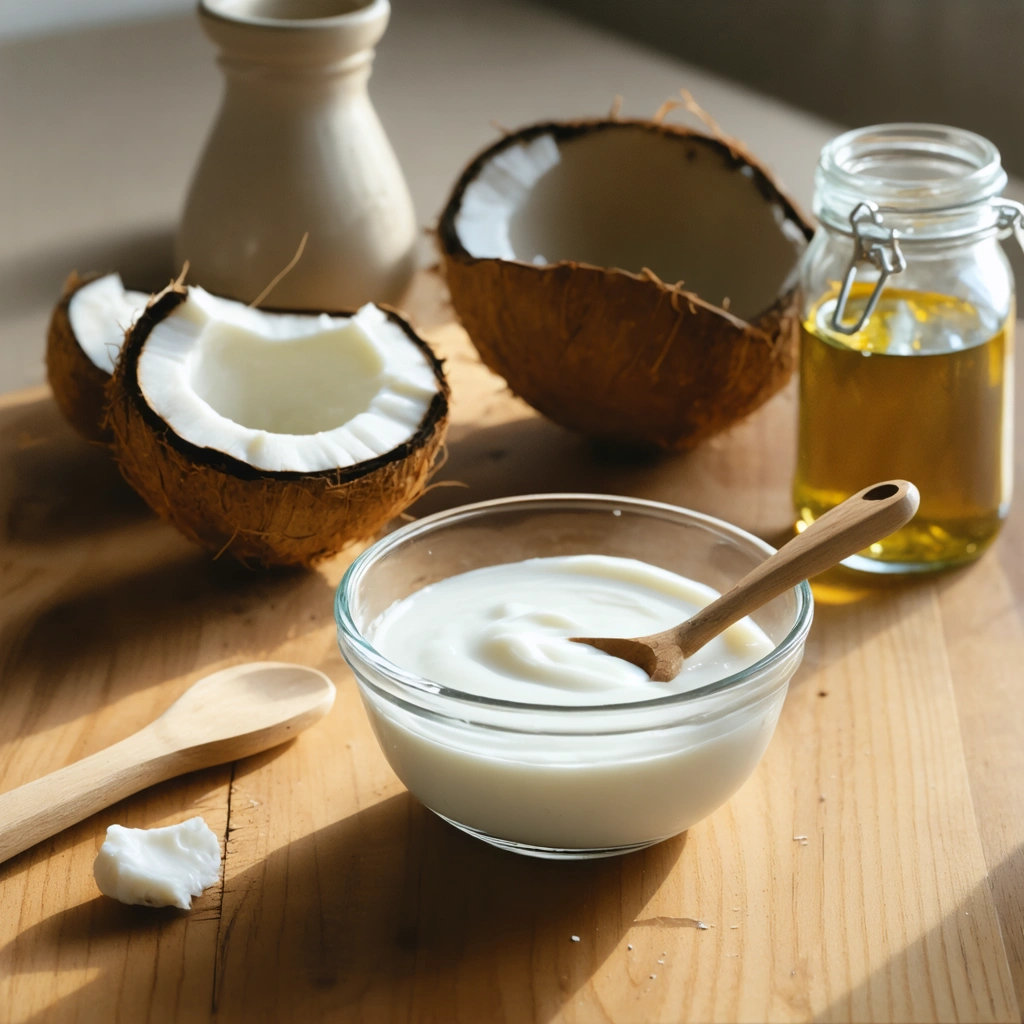 Un bol de yaourt nature posé sur un plan de travail en bois avec une spatule et un pot d'huile de coco à côté, dans une ambiance lumineuse et chaleureuse.
