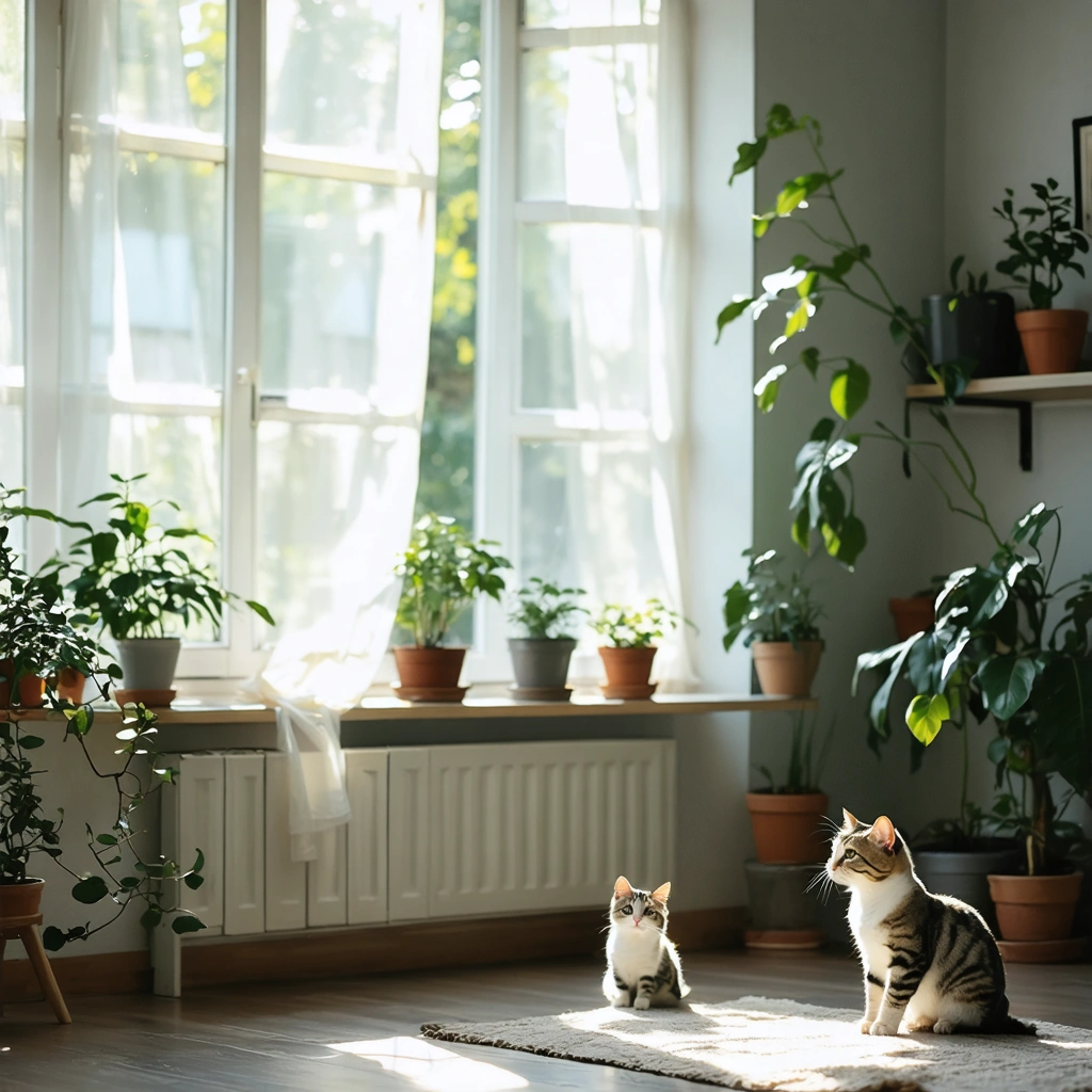 Salon lumineux avec des fenêtres grandes ouvertes, des rideaux qui bougent doucement avec la brise, des plantes vertes près de la fenêtre et aucun chat en vue, représentant une maison bien aérée.