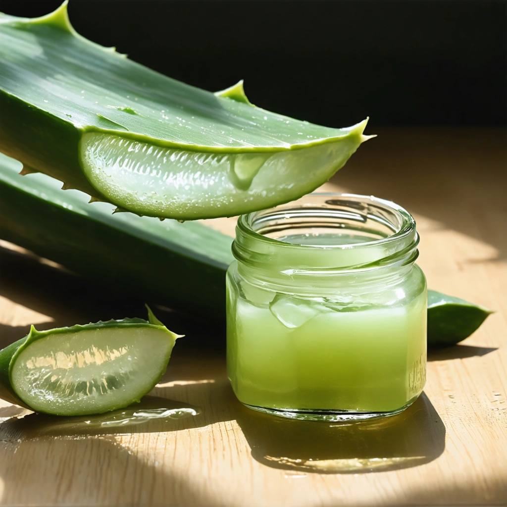 Gel d'aloe vera frais extrait d'une feuille, posé sur une table en bois avec un petit pot à côté, illustrant un remède naturel et apaisant.