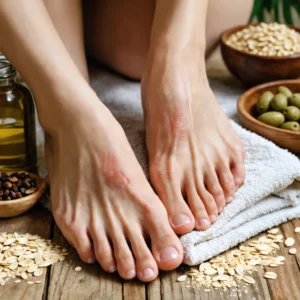 Personne appliquant des remèdes naturels comme l'huile d'olive et le miel sur des pieds avec de l'eczéma, dans une ambiance chaleureuse et réconfortante.