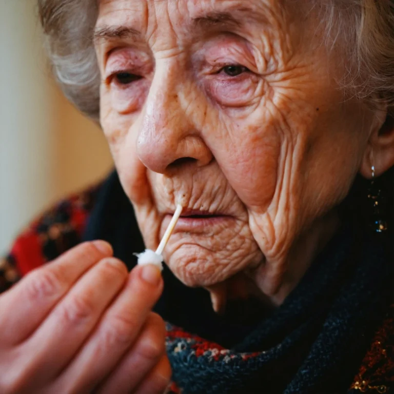 Main d'une mamie appliquant un remède naturel à l'intérieur de son nez avec un coton-tige dans une ambiance chaleureuse.