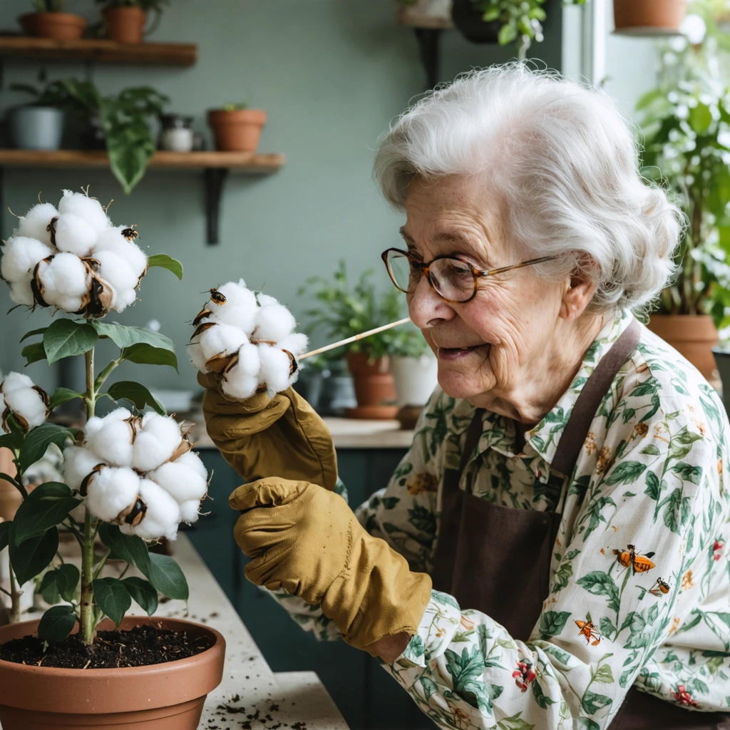 Une grand-mère souriante en train d’enlever des cochenilles d’une plante d’intérieur avec un coton-tige et des gants, dans une ambiance chaleureuse et calme.
