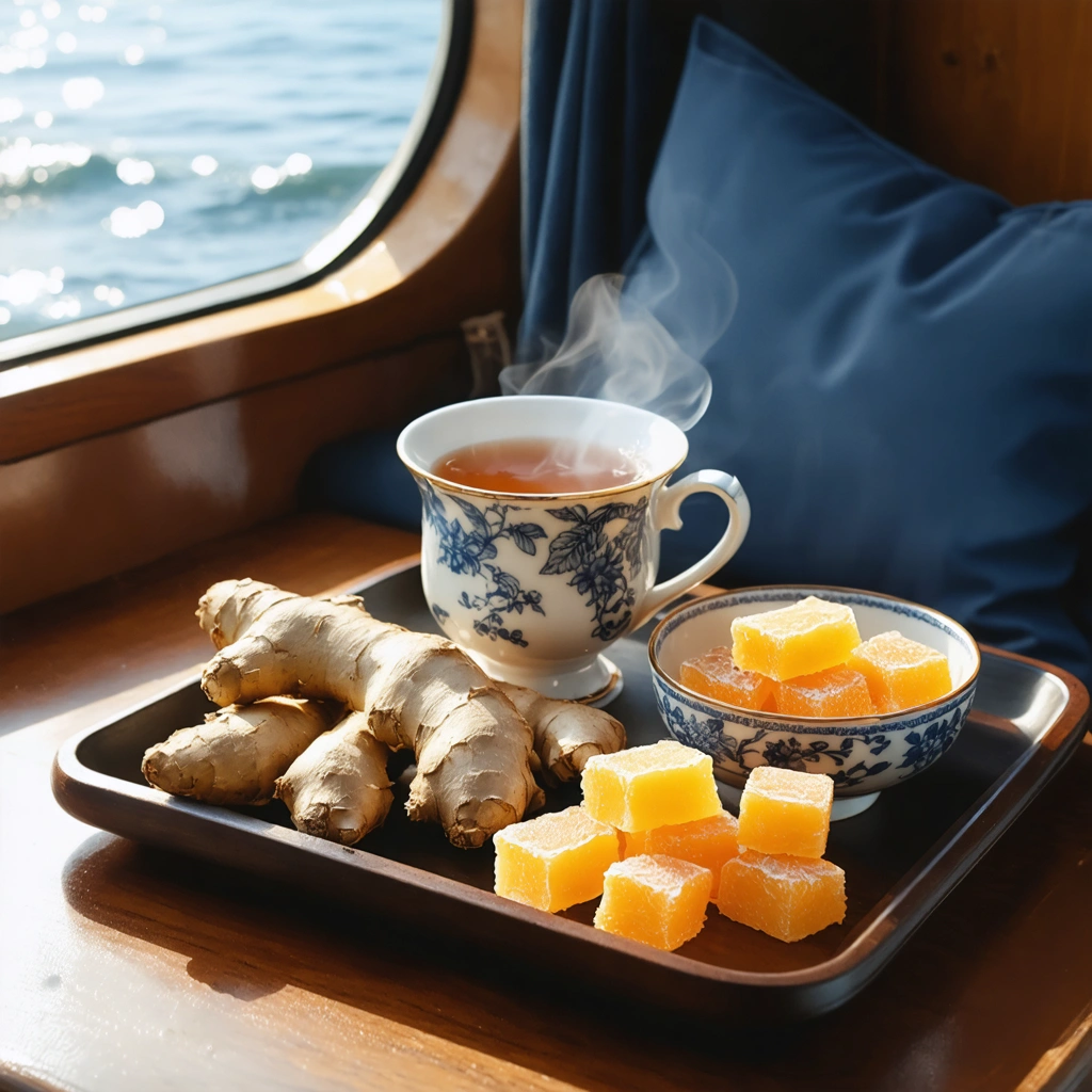 Sur un bateau, une table en bois avec du gingembre frais, des bonbons au gingembre et une tasse de thé au gingembre, avec des passagers détendus et une vue sur la Seine.