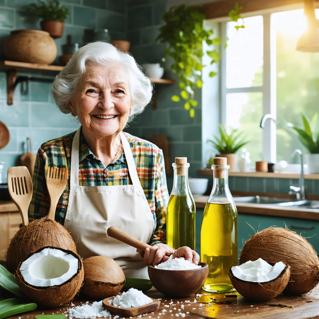 Mamie Colette souriante dans sa cuisine, entourée de vinaigre de cidre, huile de coco, aloe vera et yaourt, préparant des remèdes naturels pour les pellicules et démangeaisons du cuir chevelu.