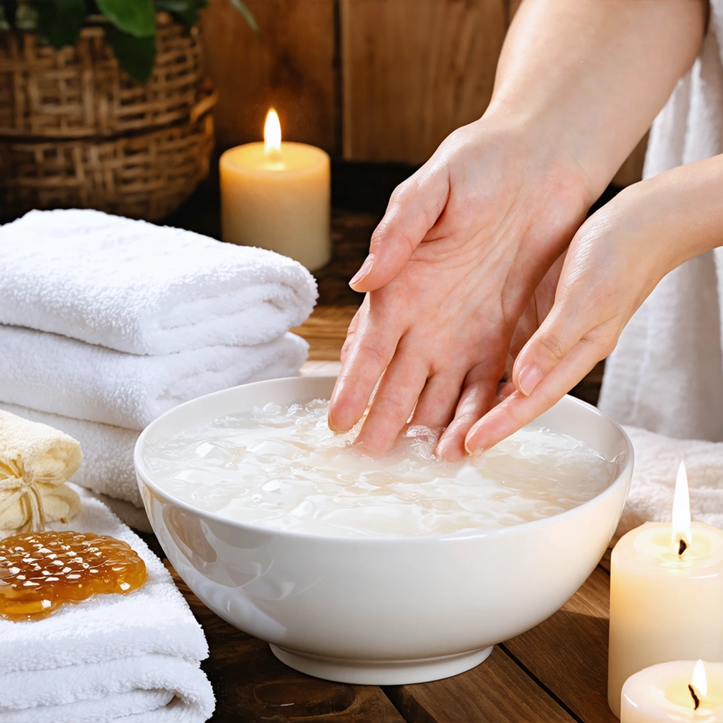 Deux mains féminines trempent dans un bol rempli de lait et de miel, posées sur une serviette douce, dans une ambiance cocooning et relaxante.