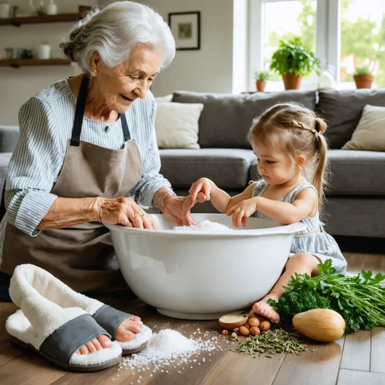 Mamie en tablier donne un bain de pieds relaxant à sa petite-fille dans un salon cosy, avec herbes, sel, et ambiance chaleureuse