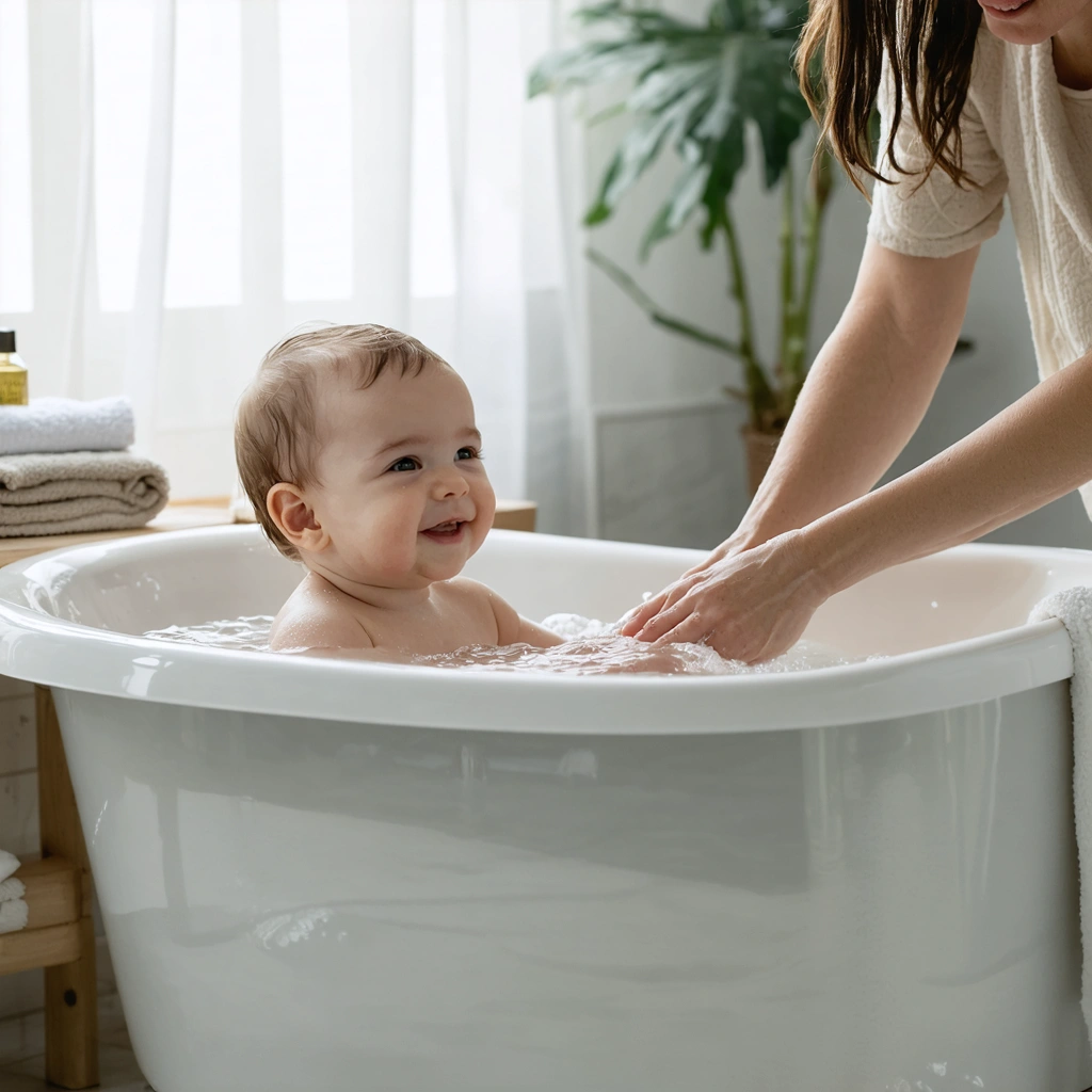 Un bébé ou un jeune enfant profite d'un bain tiède sous la surveillance attentive d'un adulte dans une salle de bain calme, avec une atmosphère réconfortante et paisible.