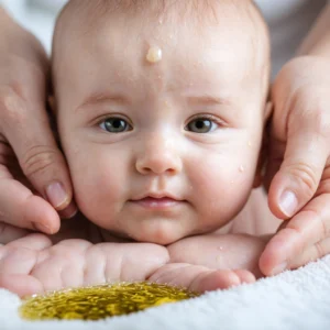 Un bébé paisible reçoit un soin naturel avec de l'huile d'olive appliquée délicatement sur une croûte de lait sur le cuir chevelu.