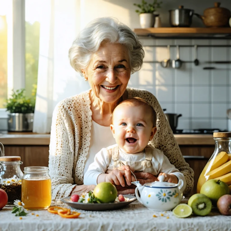 Mamie souriante soulage un bébé qui fait ses dents avec une cuillère froide et des remèdes naturels sur la table.