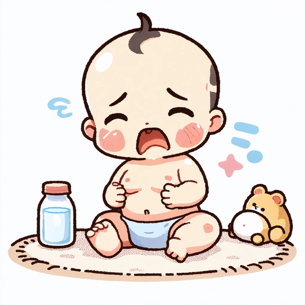 Un bébé assis sur un tapis dans une chambre, avec un air légèrement perplexe, tenant son ventre. La scène est tendre et humoristique, illustrant le questionnement autour de la constipation chez le nourrisson.