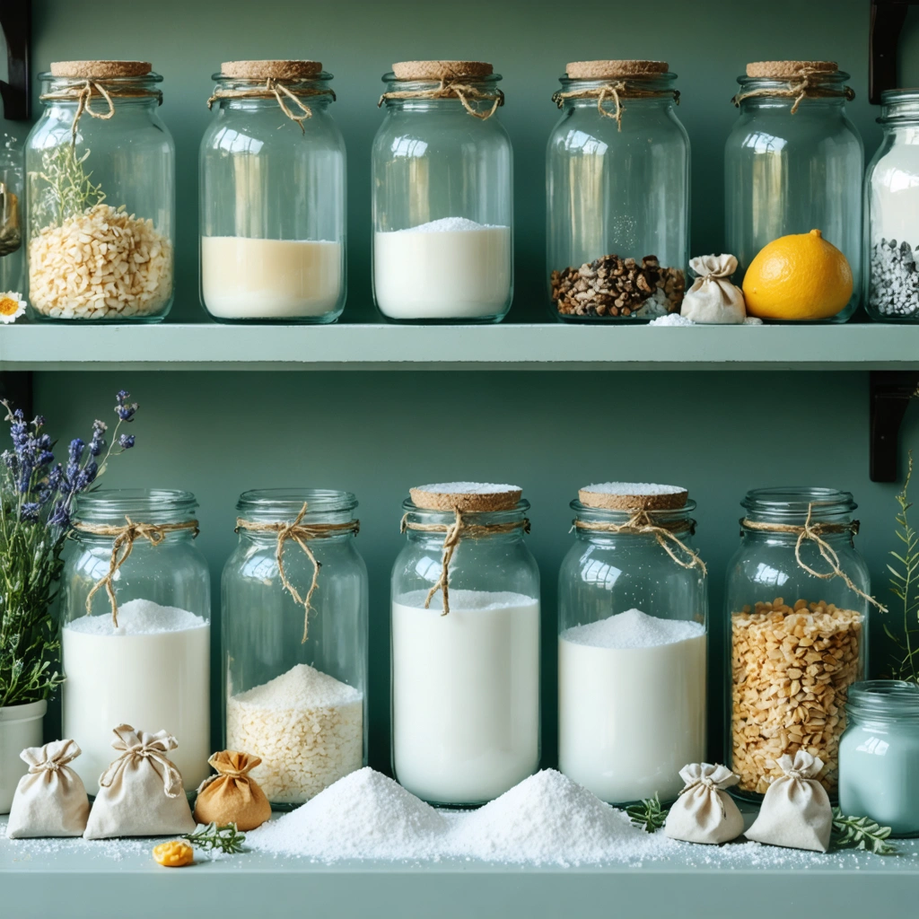 Une étagère de cuisine propre avec des bocaux transparents et des petits sachets de bicarbonate, une fine couche de poudre blanche autour pour montrer la protection contre les charançons.