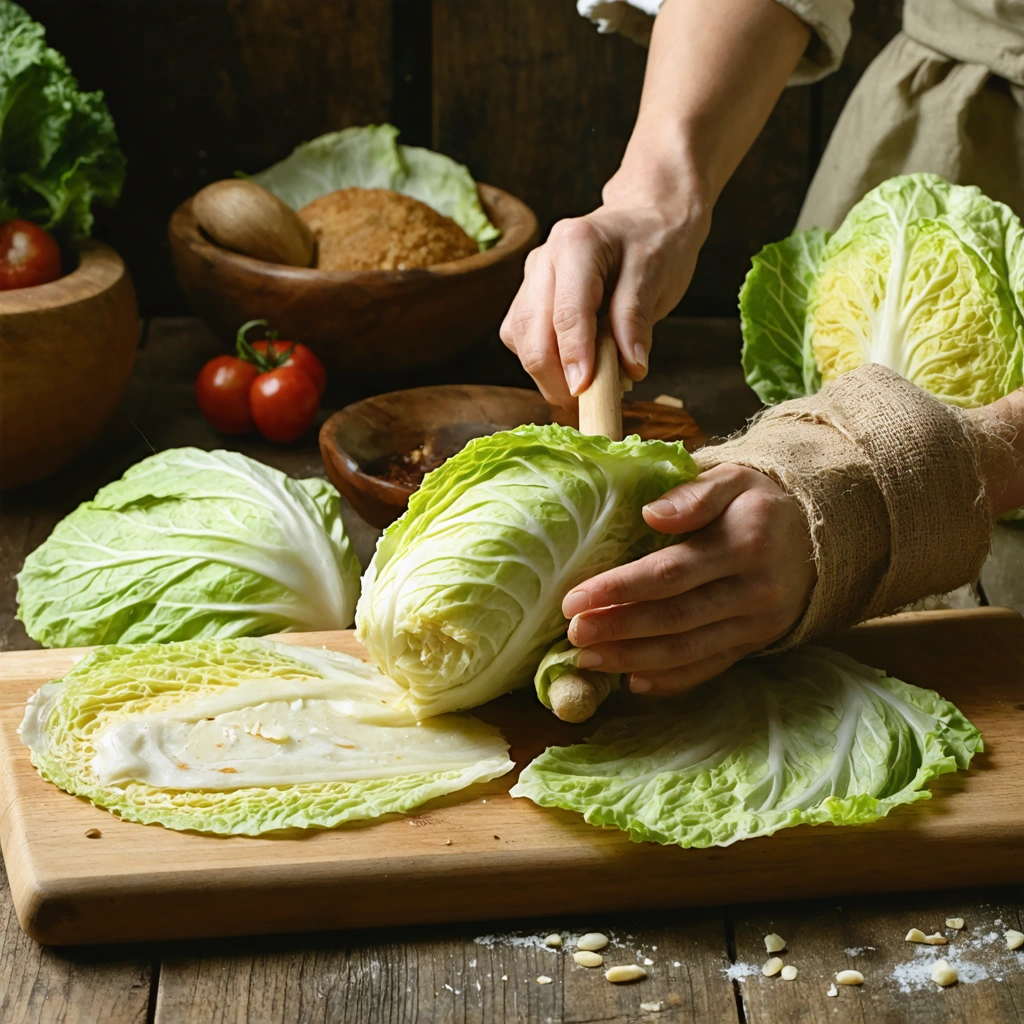 Des feuilles de chou vert aplaties sont appliquées comme cataplasme sur un bras, maintenues avec une bande, sur une table de cuisine rustique avec un rouleau à pâtisserie.