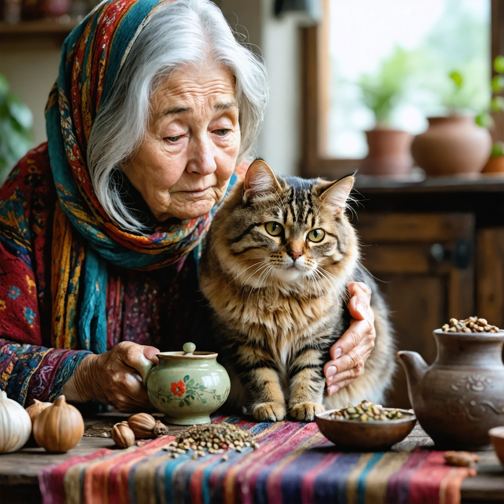 Une mamie attentionnée examine un chat anxieux dans un salon confortable, entourée de remèdes naturels.