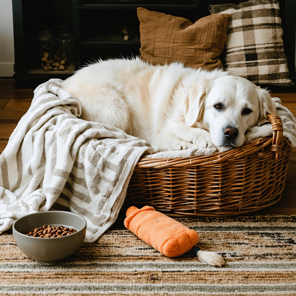 Un vieux chien allongé dans un panier moelleux, entouré d'une couverture, avec une bouillotte entourée d'une serviette posée sur ses articulations. À côté, un bol d'eau, de la nourriture et un tapis antidérapant. L'ambiance est chaleureuse et rassurante.