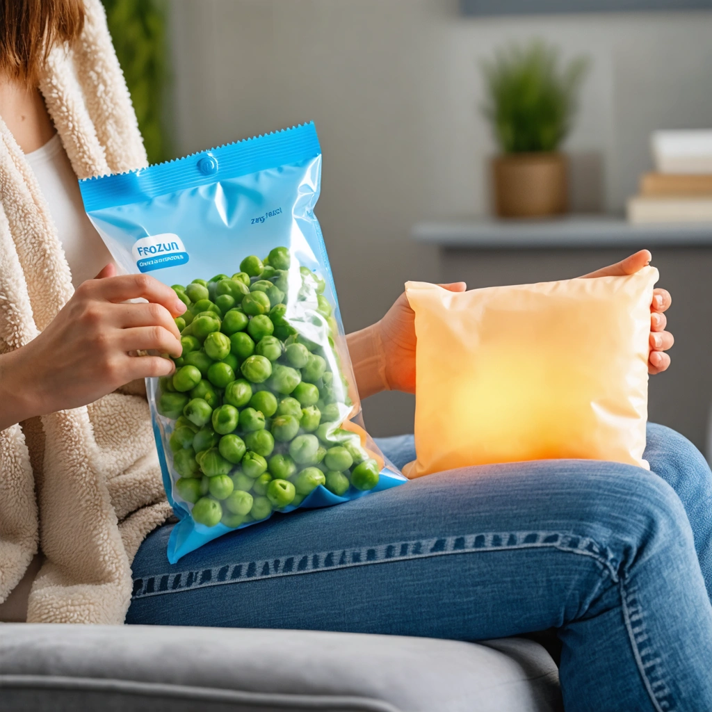 Une personne assise confortablement choisit entre une poche de froid emballée dans un torchon et une bouillotte chaude, l'une posée sur sa jambe, dans une ambiance rassurante.