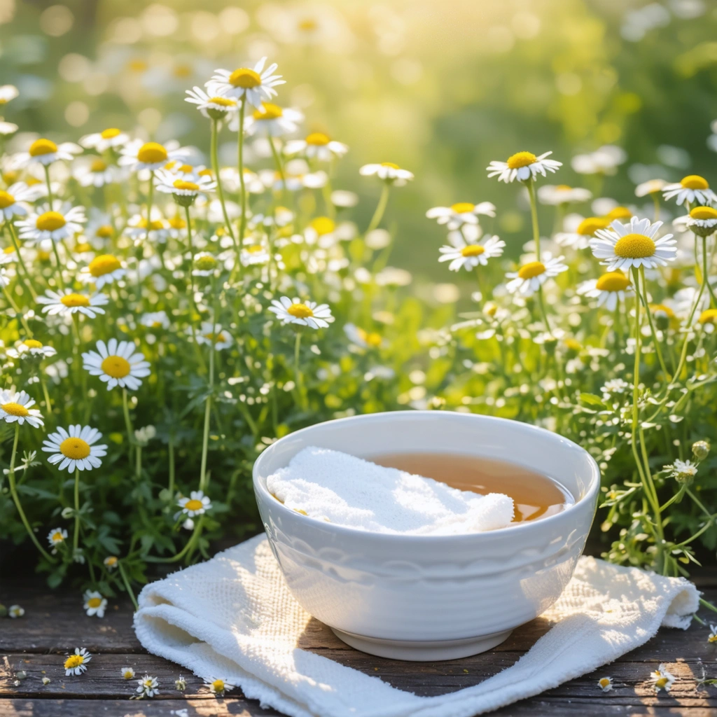 Une compresse imbibee de tisane de camomille est appliquee delicatement sur une joue, avec un champ de camomille en fleurs en arriere-plan, donnant une sensation de fraicheur et d’apaisement.