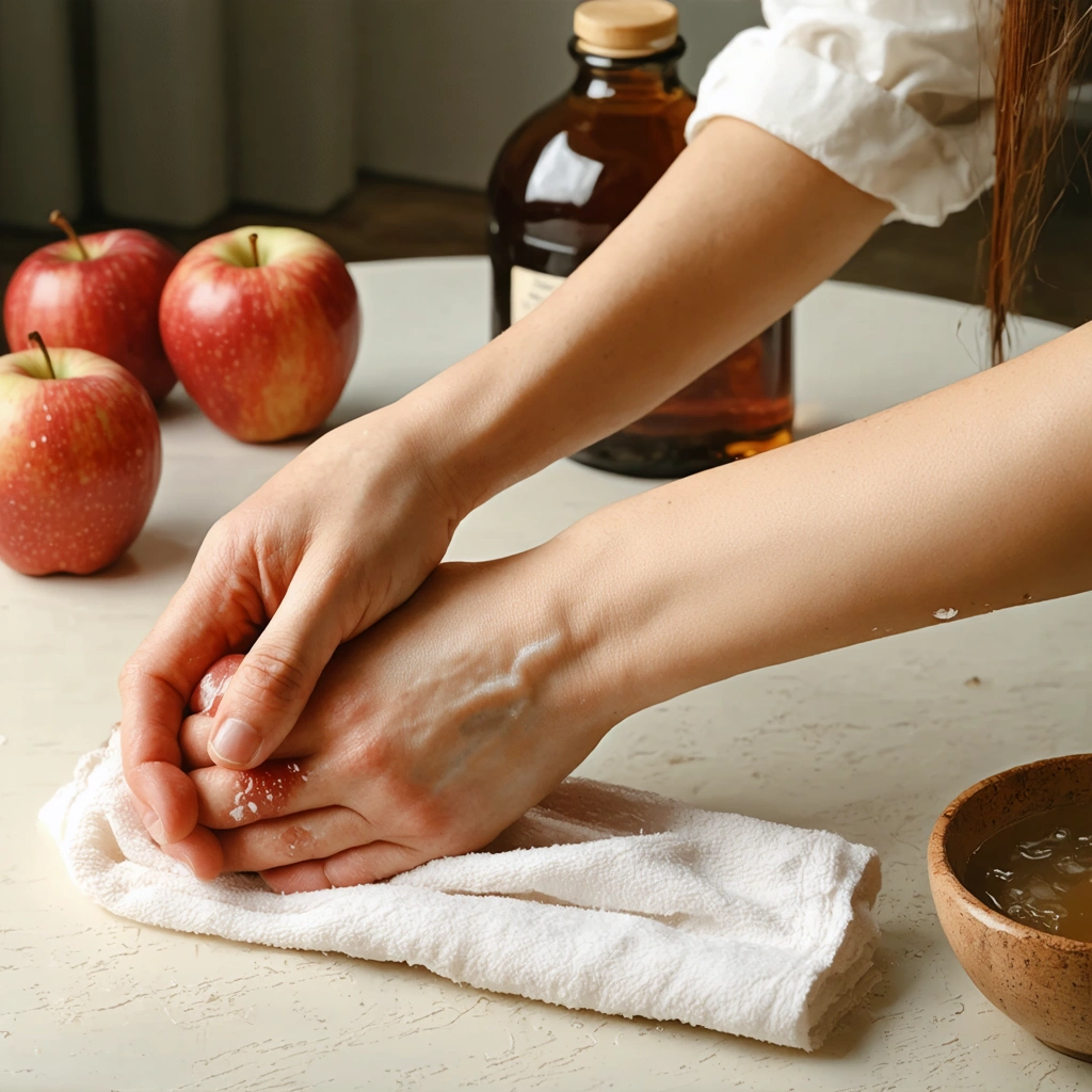 Une main applique une compresse imbibée de vinaigre de cidre sur une peau rouge, avec une bouteille de vinaigre de cidre, un bol d'eau et un linge propre posés sur une table.