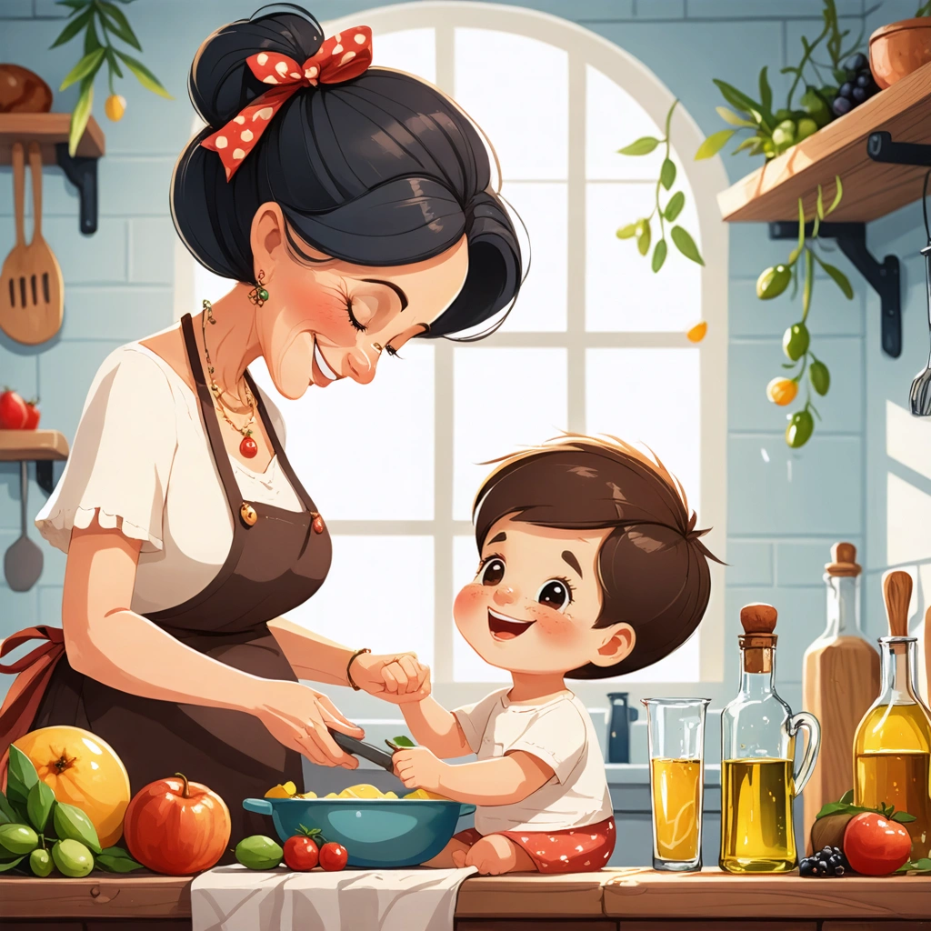 Une grand-mère bienveillante masse le ventre d'un enfant de cinq ans souriant, entourée de fruits, d'huile d'olive et d'un grand verre d'eau dans une cuisine cosy.
