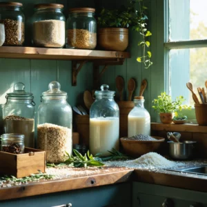 Une cuisine de grand-mère chaleureuse avec des bocaux en verre remplis de grains, des produits naturels comme du vinaigre blanc et du bicarbonate, et des feuilles de laurier pour lutter contre les charançons.