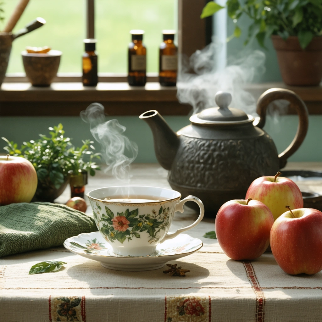 Table de cuisine cosy avec tisane, bouillotte, pommes et remèdes naturels contre les coliques adultes