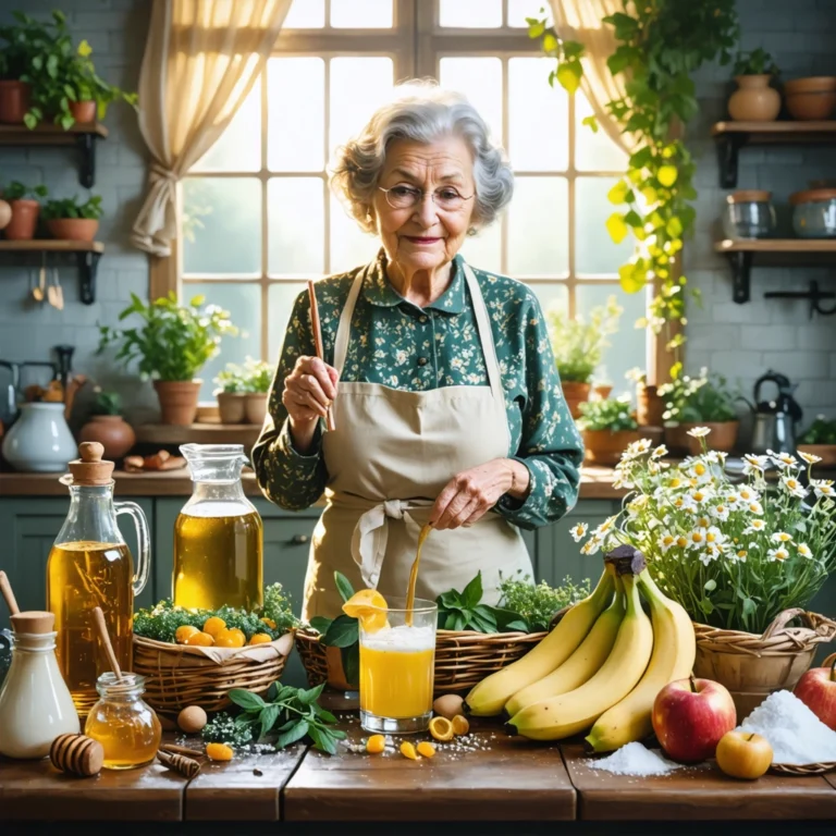 Une grand-mère prépare des remèdes naturels contre les remontées acides dans une cuisine chaleureuse, entourée de pots de miel, vinaigre de cidre, bananes et tisanes.
