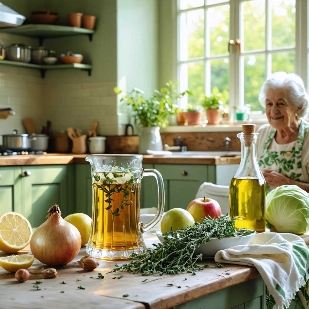 Table de cuisine rustique avec des remèdes naturels et Mamie Colette souriante en tablier fleuri